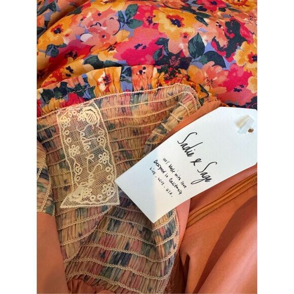 Sadie & Sage Pink Floral Puff Sleeve Midi Dress Small NWT Romantic Boho Smocked - Picture 6 of 6
